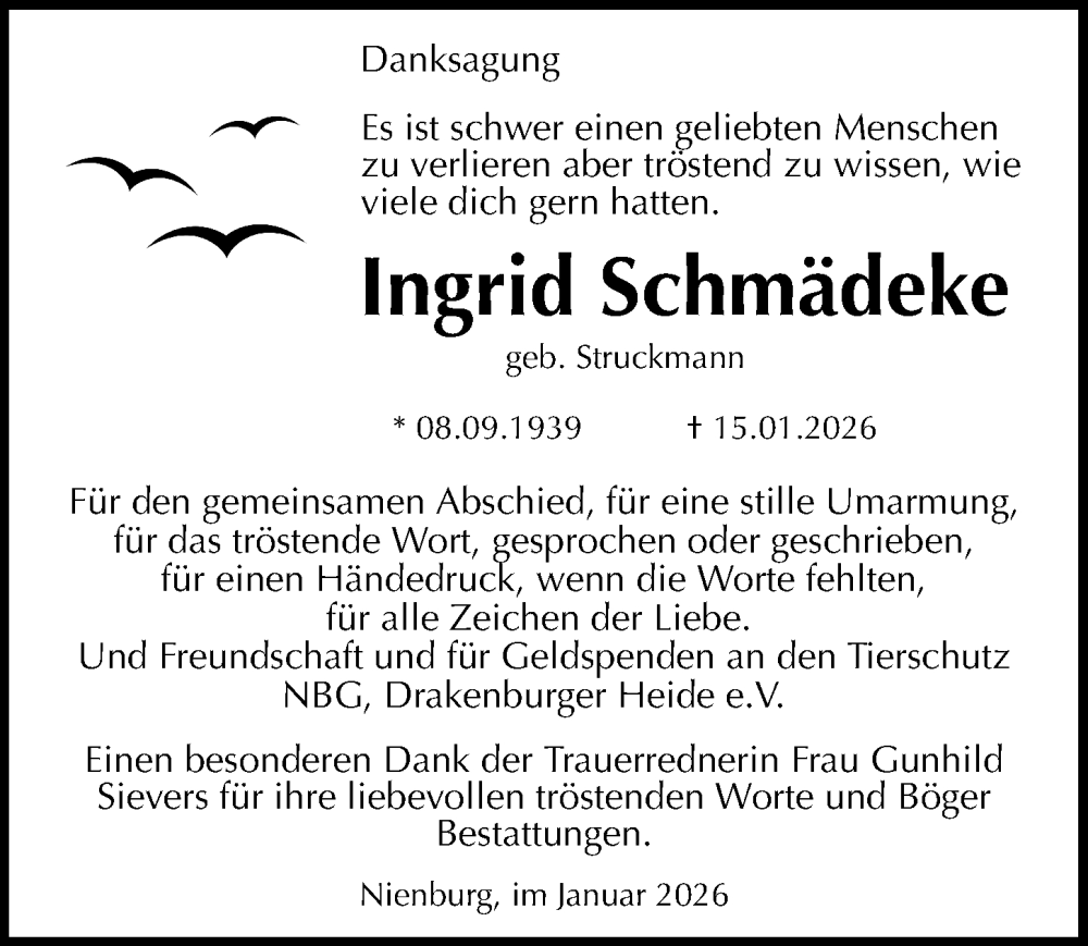  Traueranzeige für Ingrid Schmädeke vom 07.02.2026 aus Die Harke