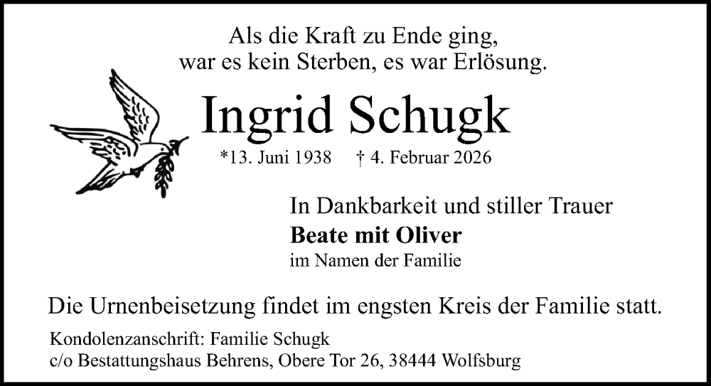  Traueranzeige für Ingrid Schugk vom 14.02.2026 aus Aller Zeitung