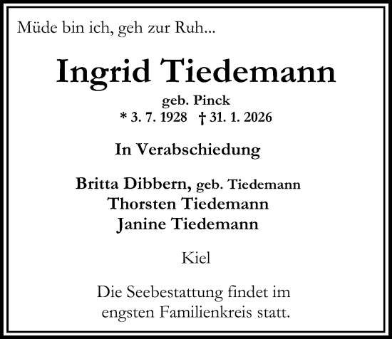 Traueranzeige von Ingrid Tiedemann von Kieler Nachrichten