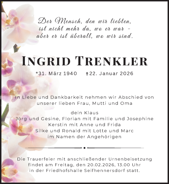 Traueranzeige von Ingrid Trenkler von Sächsische Zeitung