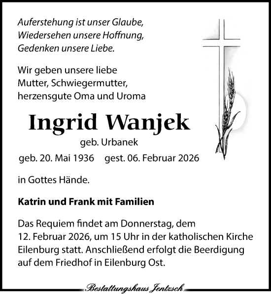 Traueranzeige von Ingrid Wanjek von Leipziger Volkszeitung