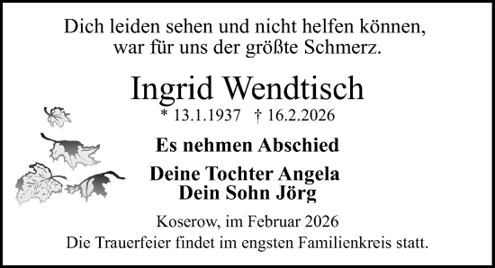 Traueranzeige von Ingrid Wendtisch von Ostsee-Zeitung GmbH
