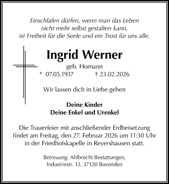 Traueranzeige von Ingrid Werner von Göttinger Tageblatt