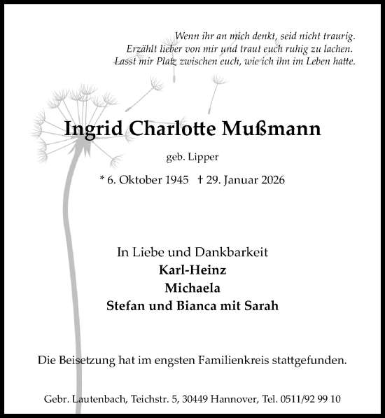 Traueranzeige von Ingrid Charlotte Mußmann von Hannoversche Allgemeine Zeitung/Neue Presse