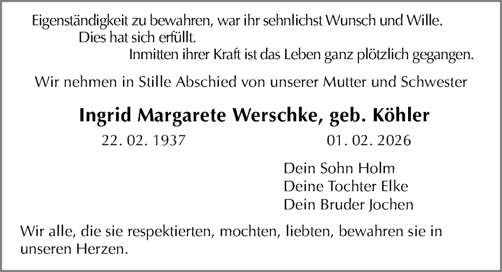  Traueranzeige für Ingrid Margarete Werschke vom 28.02.2026 aus Sächsische Zeitung
