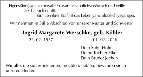 Traueranzeige von Ingrid Margarete Werschke von Sächsische Zeitung