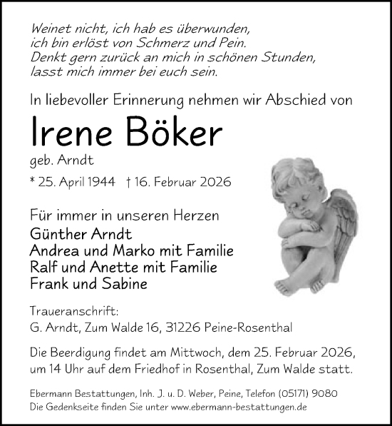 Traueranzeige von Irene Böker von Peiner Allgemeine Zeitung
