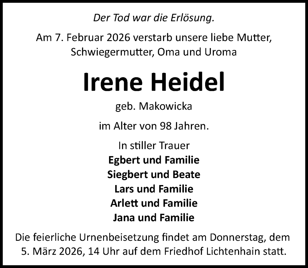  Traueranzeige für Irene Heidel vom 21.02.2026 aus Sächsische Zeitung