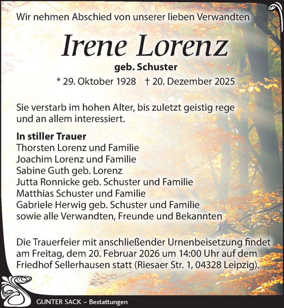 Traueranzeige für Irene Lorenz vom 07.02.2026 aus Leipziger Volkszeitung