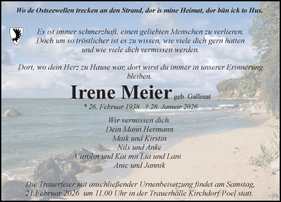 Traueranzeige von Irene Meier von Ostsee-Zeitung GmbH