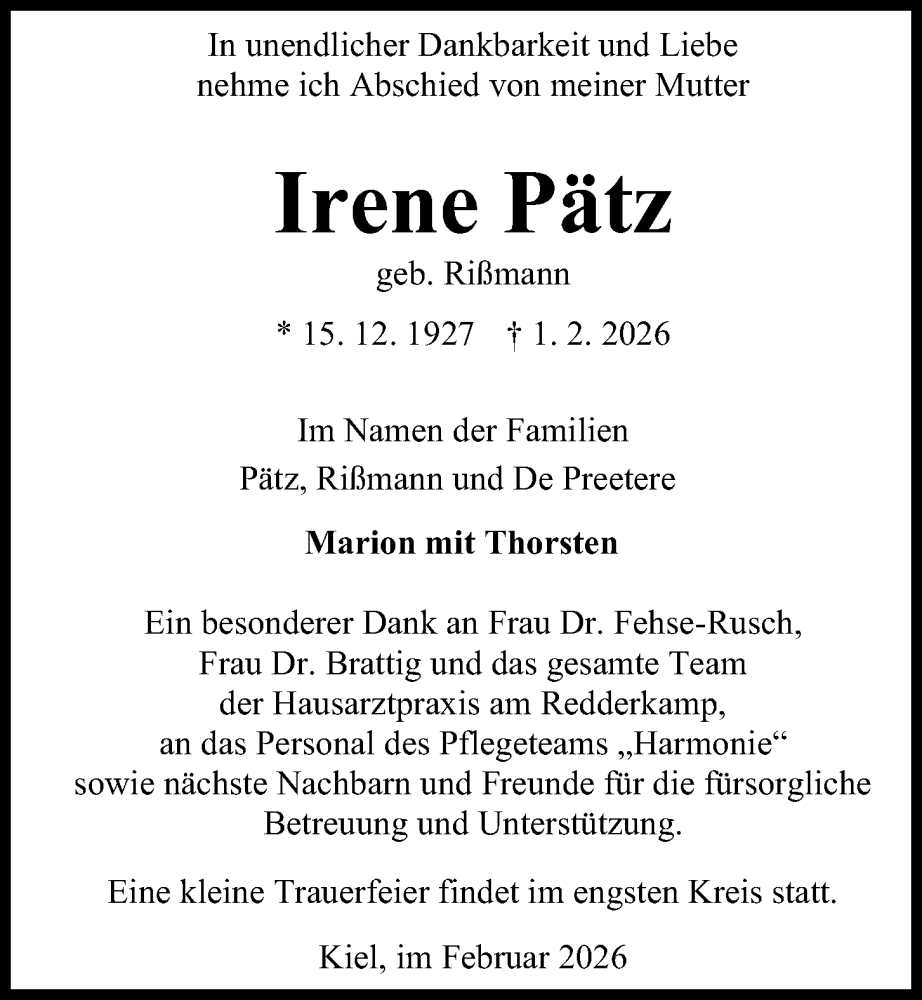  Traueranzeige für Irene Pätz vom 14.02.2026 aus Kieler Nachrichten