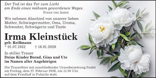 Traueranzeige von Irma Kleinstück von Sächsische Zeitung