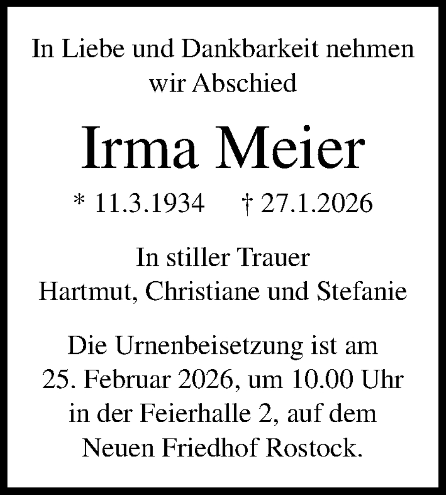  Traueranzeige für Irma Meier vom 07.02.2026 aus Ostsee-Zeitung GmbH