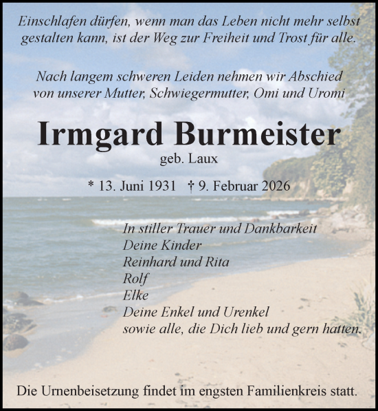 Traueranzeige von Irmgard Burmeister von Ostsee-Zeitung GmbH