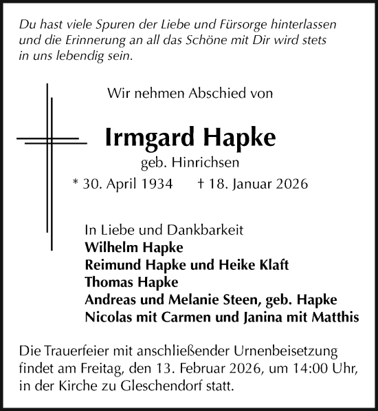 Traueranzeige von Irmgard Hapke von Lübecker Nachrichten