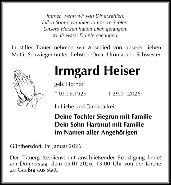 Traueranzeige von Irmgard Heiser von Sächsische Zeitung