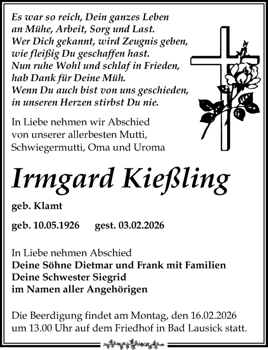 Traueranzeige von Irmgard Kießling von Leipziger Volkszeitung