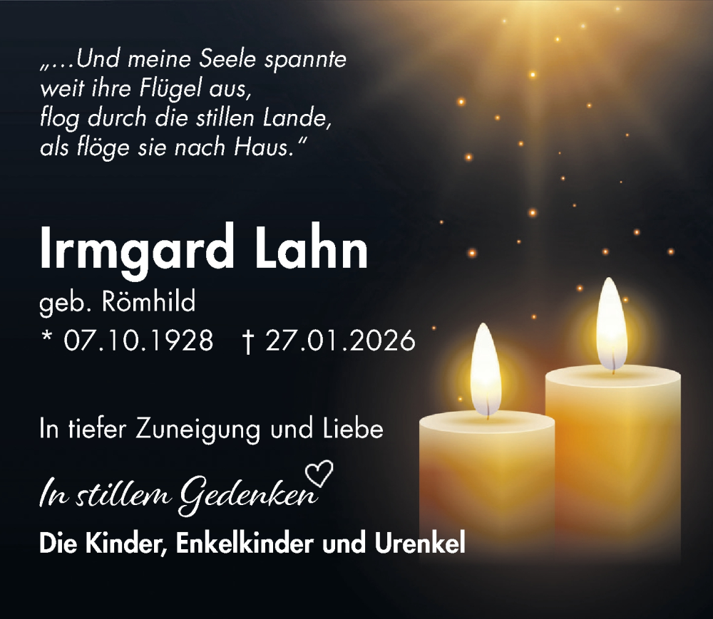  Traueranzeige für Irmgard Lahn vom 14.02.2026 aus Märkischen Allgemeine Zeitung