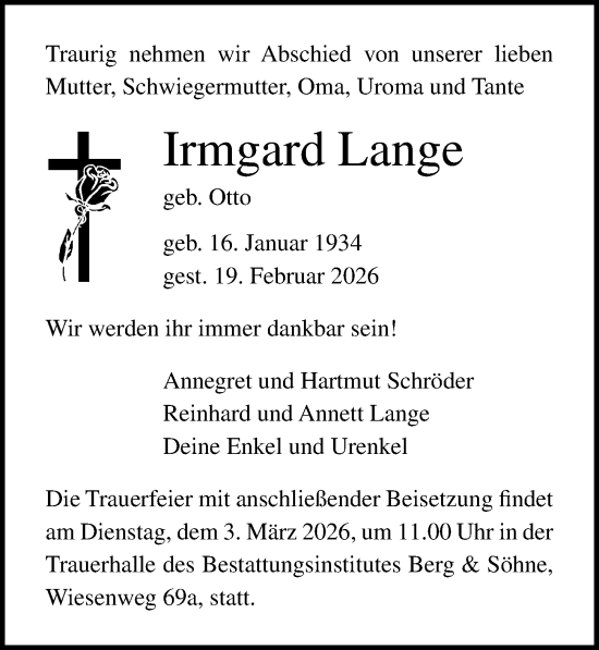 Traueranzeige von Irmgard Lange von Ostsee-Zeitung GmbH