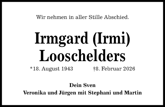 Traueranzeige von Irmgard Looschelders von Kieler Nachrichten