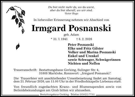 Traueranzeige von Irmgard Posnanski von Die Harke