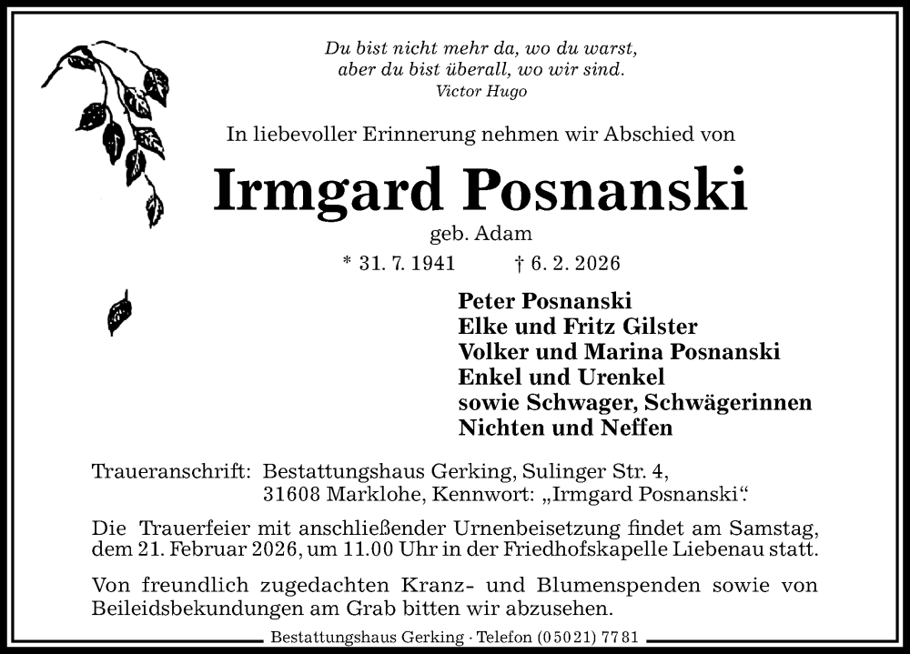  Traueranzeige für Irmgard Posnanski vom 14.02.2026 aus Die Harke