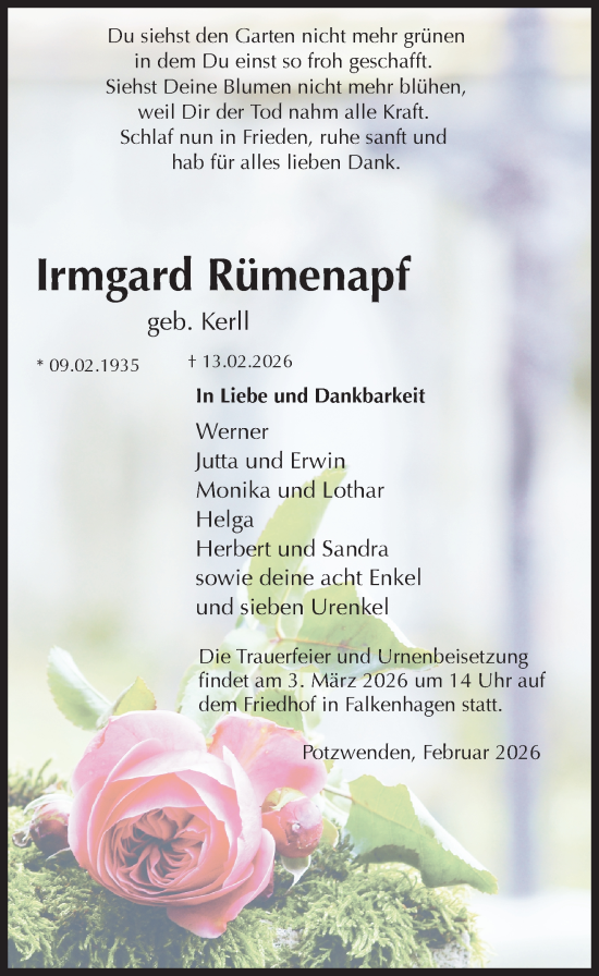 Traueranzeige von Irmgard Rümenapf von Göttinger Tageblatt