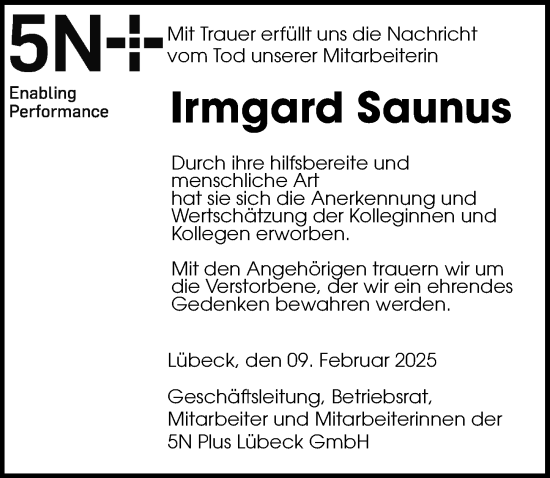 Traueranzeige von Irmgard Saunus von Lübecker Nachrichten