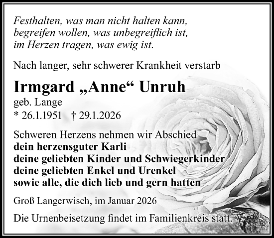 Traueranzeige von Irmgard Unruh von Wochenspiegel