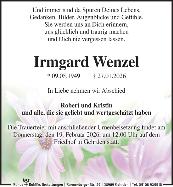 Traueranzeige von Irmgard Wenzel von Hannoversche Allgemeine Zeitung/Neue Presse