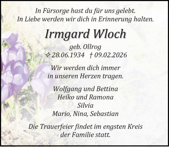 Traueranzeige von Irmgard Wloch von Ostsee-Zeitung GmbH
