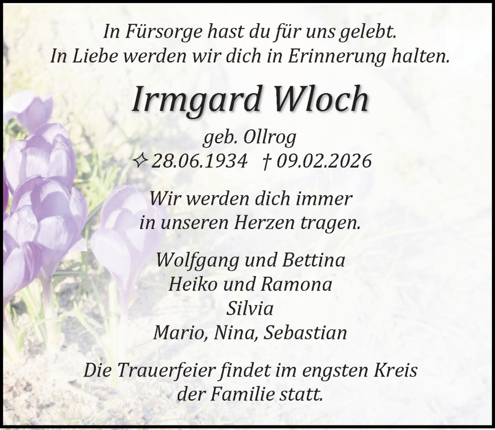  Traueranzeige für Irmgard Wloch vom 21.02.2026 aus Ostsee-Zeitung GmbH