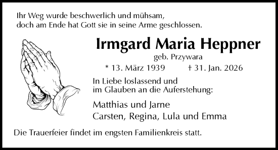Traueranzeige von Irmgard Maria Heppner von Lübecker Nachrichten