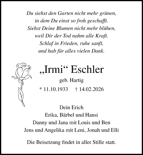 Traueranzeige von Irmi Eschler von Ostsee-Zeitung GmbH