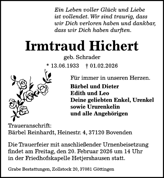 Traueranzeige von Irmtraud Hichert von Göttinger Tageblatt