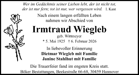 Traueranzeige von Irmtraud Wiegleb von Hannoversche Allgemeine Zeitung/Neue Presse