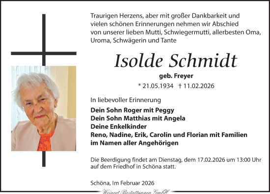 Traueranzeige von Isolde Schmidt von Leipziger Volkszeitung