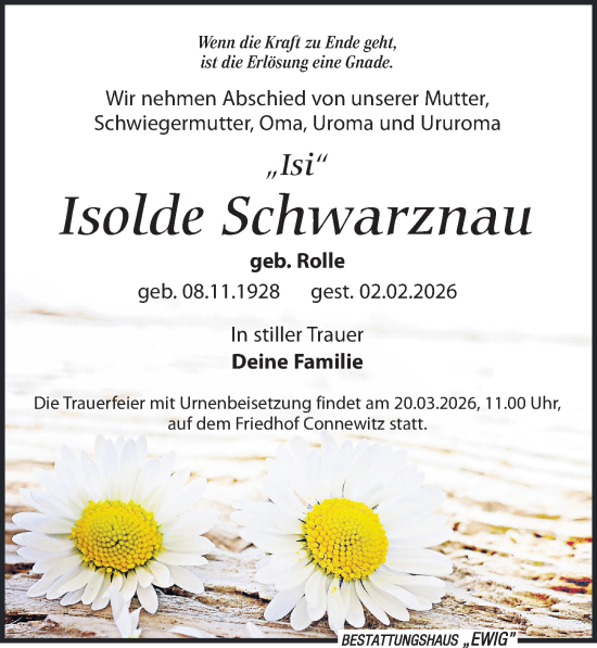 Traueranzeige von Isolde Schwarznau von Leipziger Volkszeitung