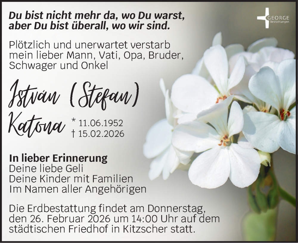  Traueranzeige für István Katona vom 21.02.2026 aus Leipziger Volkszeitung