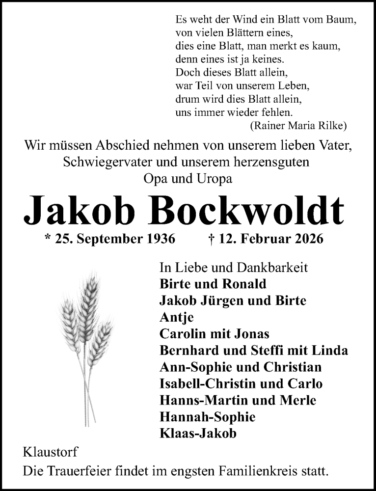  Traueranzeige für Jakob Bockwoldt vom 21.02.2026 aus Lübecker Nachrichten