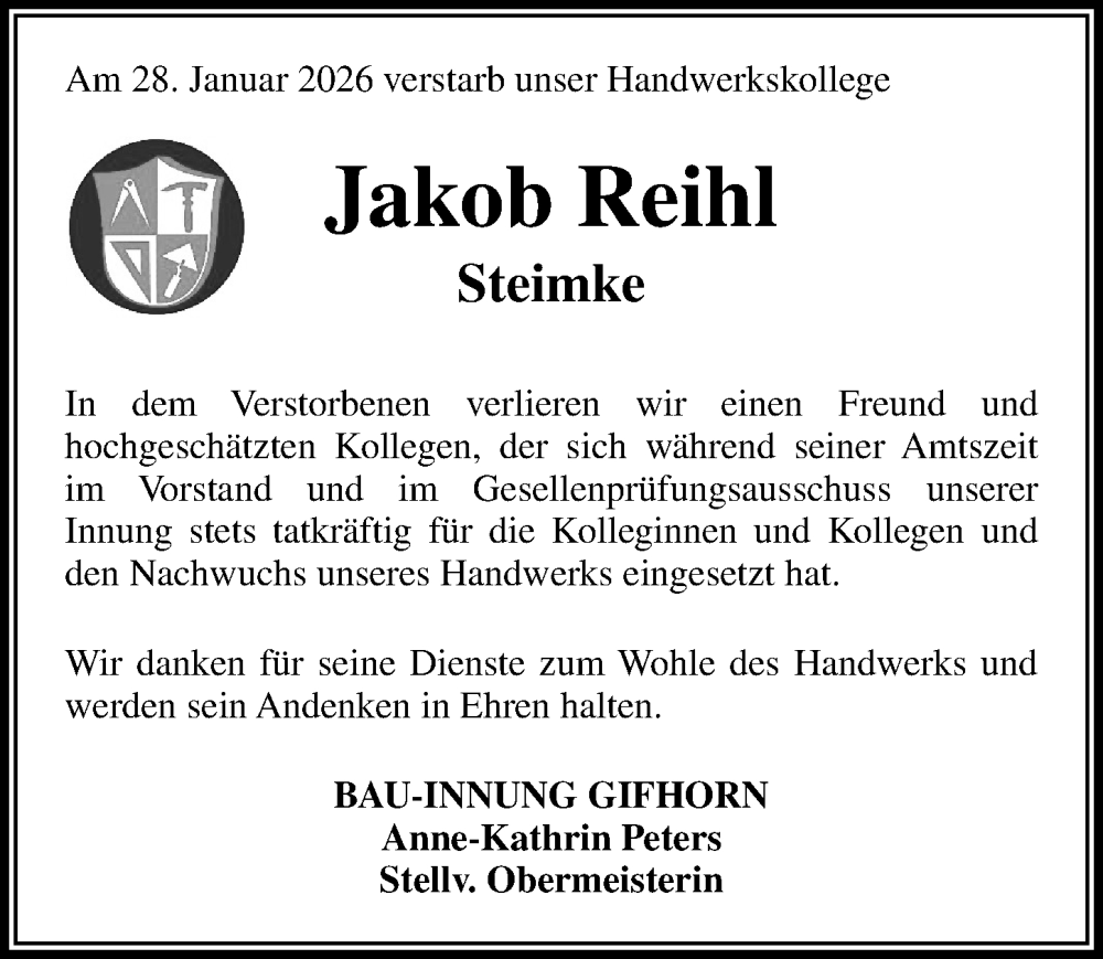  Traueranzeige für Jakob Reihl vom 07.02.2026 aus Aller Zeitung