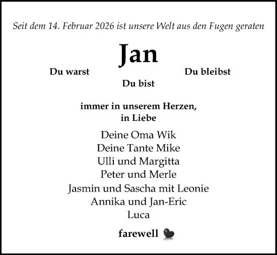 Traueranzeige von Jan  von Kieler Nachrichten