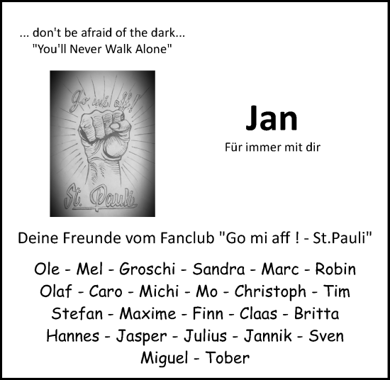 Traueranzeige von Jan  von Kieler Nachrichten