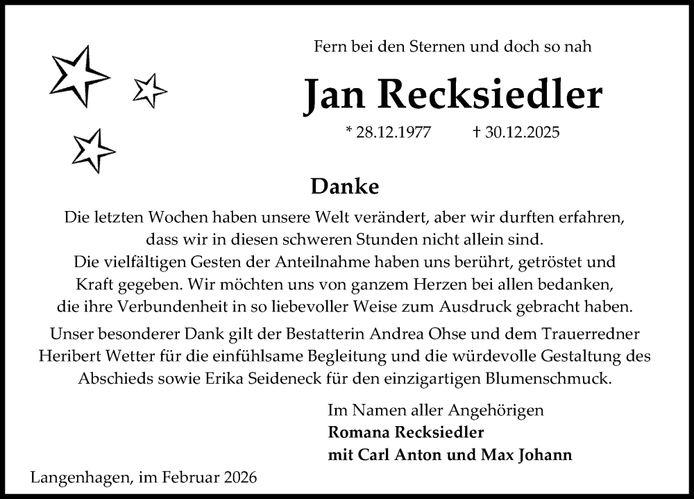  Traueranzeige für Jan Recksiedler vom 14.02.2026 aus Aller Zeitung