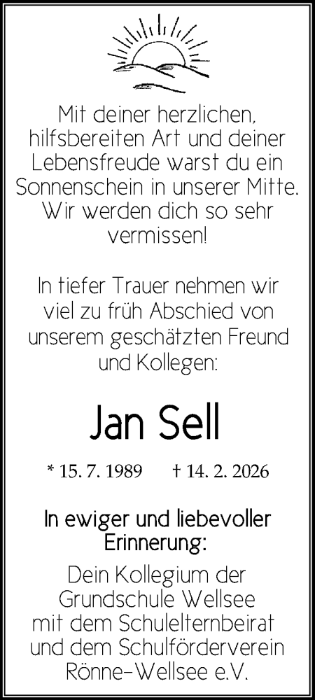 Traueranzeige von Jan Sell von Kieler Nachrichten