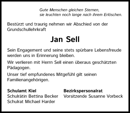 Traueranzeige von Jan Sell von Kieler Nachrichten
