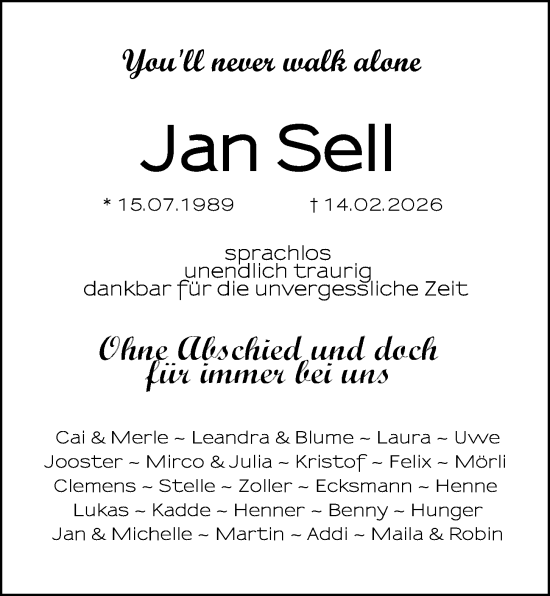 Traueranzeige von Jan Sell von Kieler Nachrichten