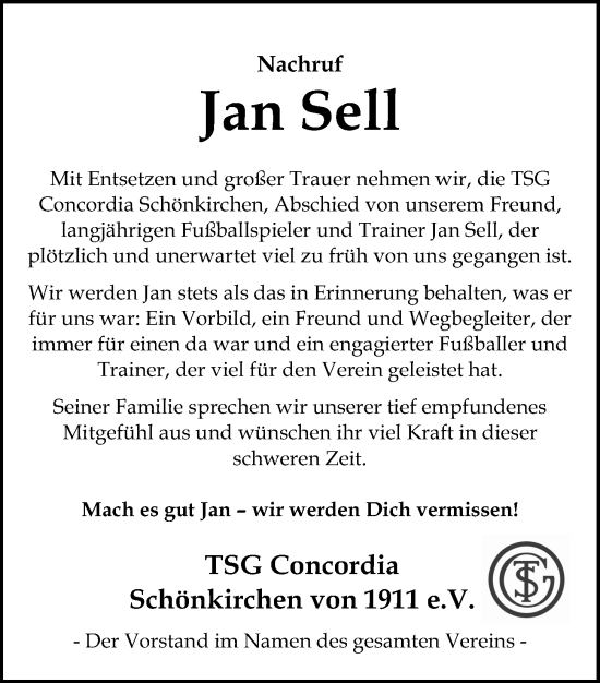 Traueranzeige von Jan Sell von Kieler Nachrichten