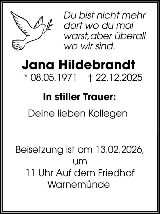 Traueranzeige von Jana Hildebrandt von Ostsee-Zeitung GmbH