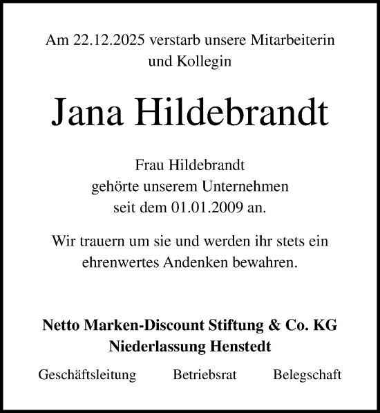Traueranzeige von Jana Hildebrandt von Ostsee-Zeitung GmbH